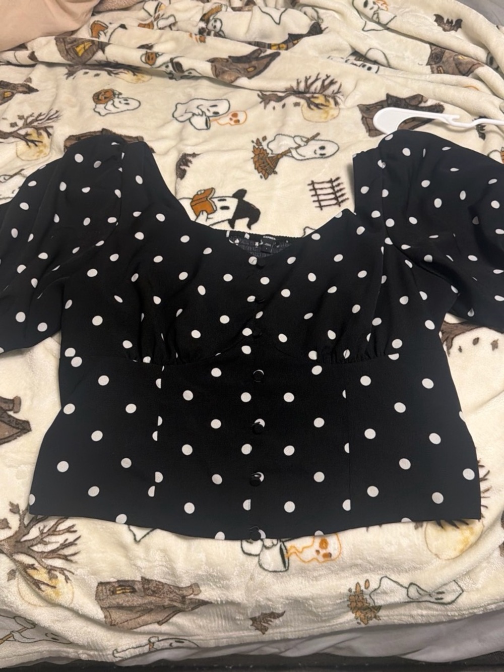 Express Black and White Polka Dot Puff Sleeve Crop Top